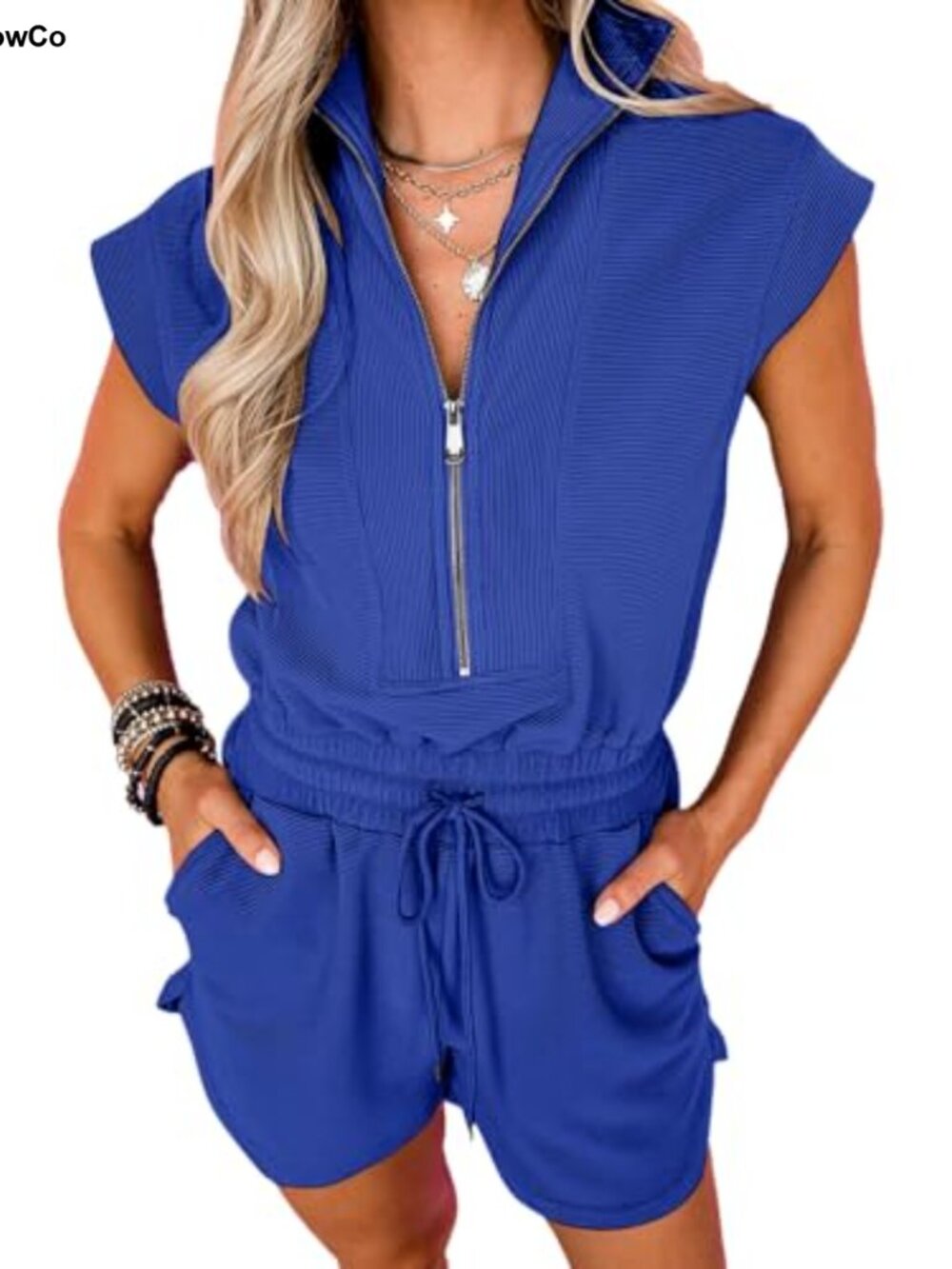 Women's Half Zip Romper with Pockets Short Sleeve Summer Jumpsuit